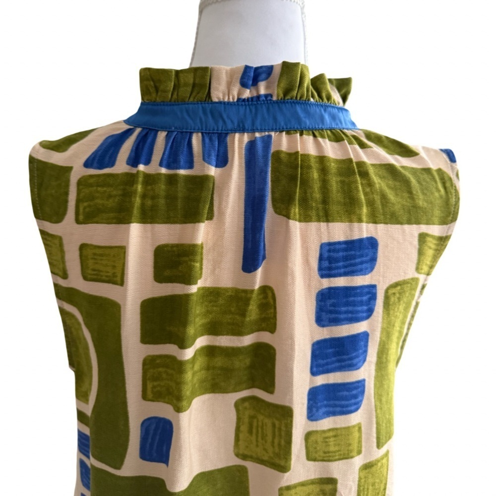 UMGEE BOHO GEOMETRIC PRINT SLEEVELESS
TIERED MINI DRESS GREEN BLUE SIZE M - Picture 9 of 12